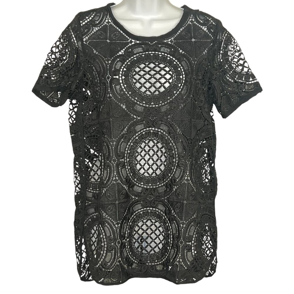 Sundance Catalog Shadow Dance Crochet Lace‎ Tee S Black
